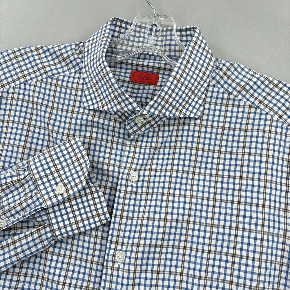 Isaia Shirt Mens 17.5 44 Blue Brown Check Classic Long Sleeve Dress Italy Cotton